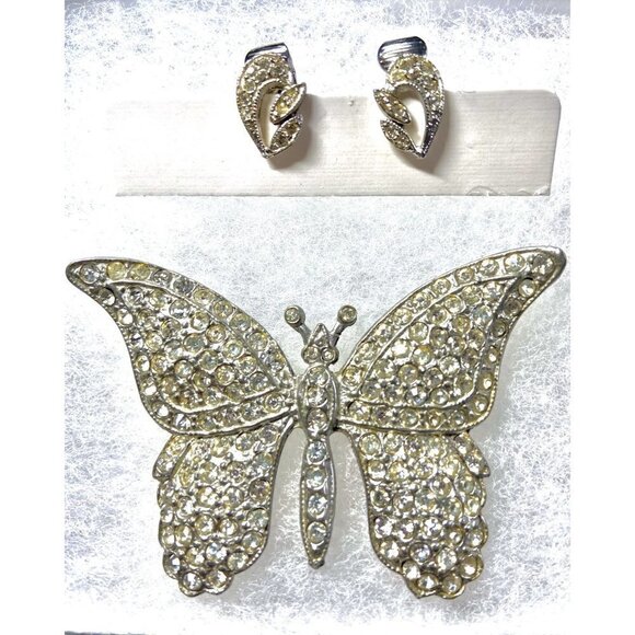 Vintage Silver & Rhinestone Butterfly Brooch and Rhinestone Clip-on Earrings - Picture 1 of 6